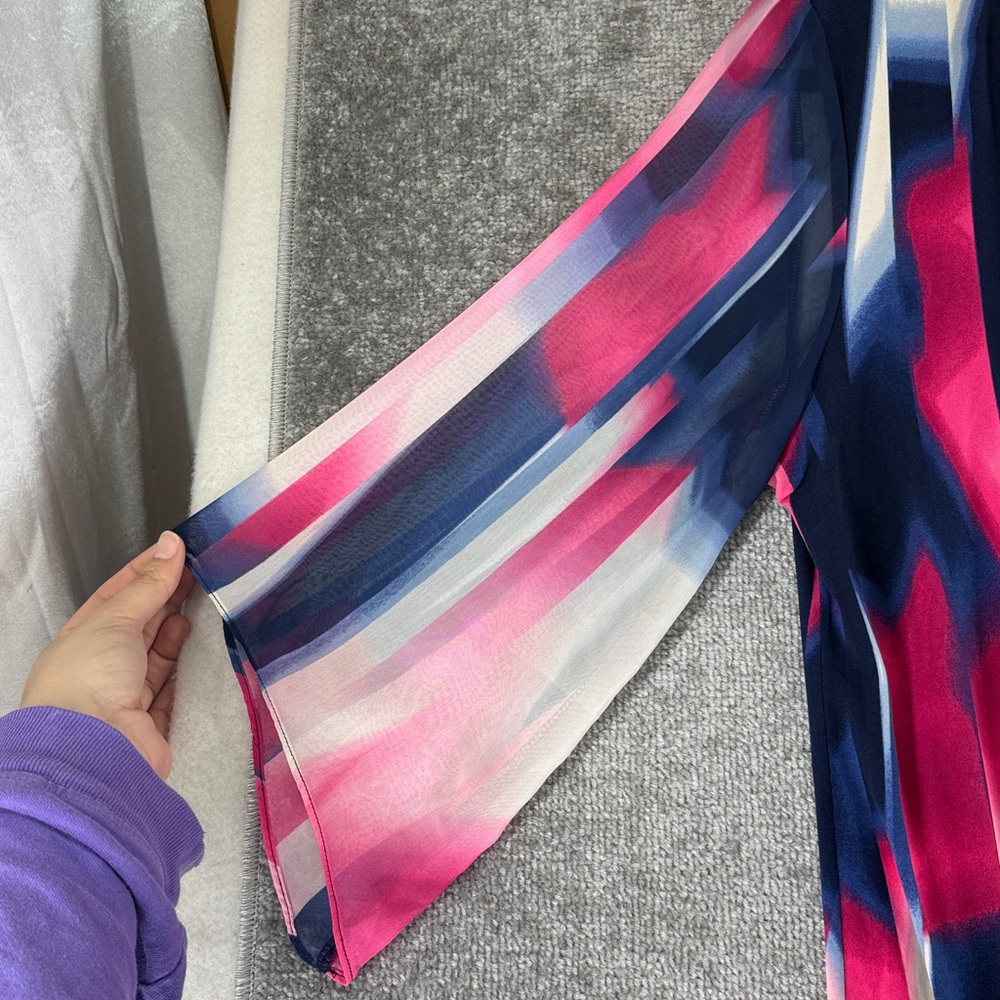NWT JM Collection 3/4 Long Flutter Bell Sleeve Pink Blue Shirt Blouse Womens L - Picture 8 of 10